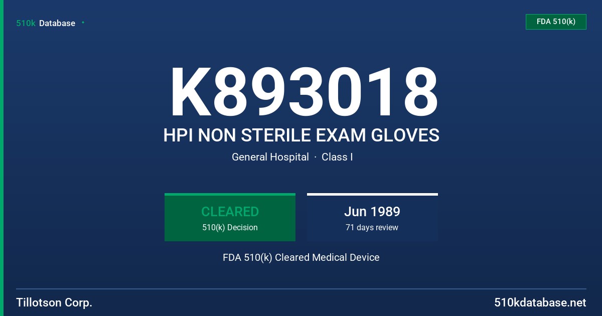 K893018 HPI NON STERILE EXAM GLOVES FDA 510(k) Cleared Medical Device