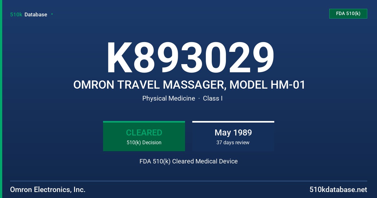 K893029 OMRON TRAVEL MASSAGER, MODEL HM-01 FDA 510(k) Cleared Medical Device