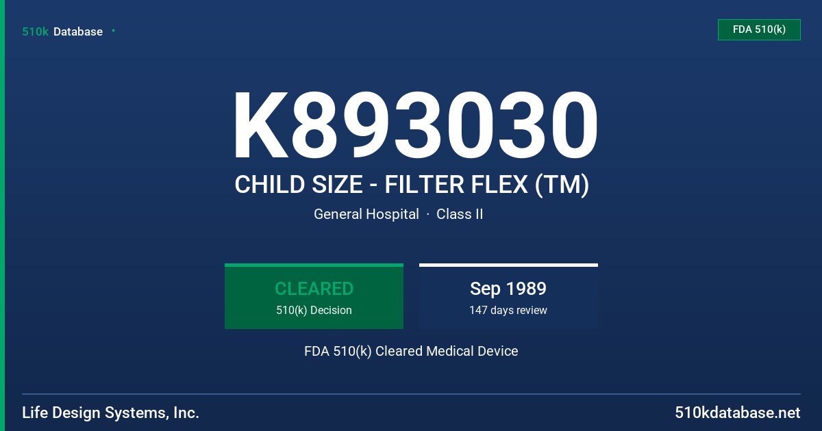 K893030 CHILD SIZE - FILTER FLEX (TM) FDA 510(k) Cleared Medical Device