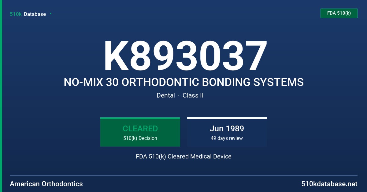 K893037 NO-MIX 30 ORTHODONTIC BONDING SYSTEMS FDA 510(k) Cleared Medical Device