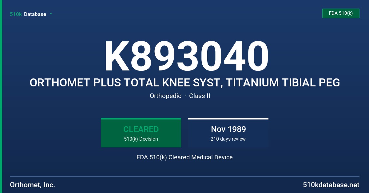 K893040 ORTHOMET PLUS TOTAL KNEE SYST, TITANIUM TIBIAL PEG FDA 510(k) Cleared Medical Device