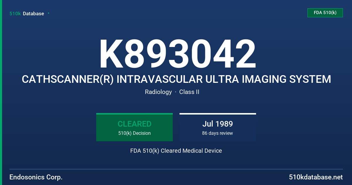 K893042 CATHSCANNER(R) INTRAVASCULAR ULTRA IMAGING SYSTEM FDA 510(k) Cleared Medical Device