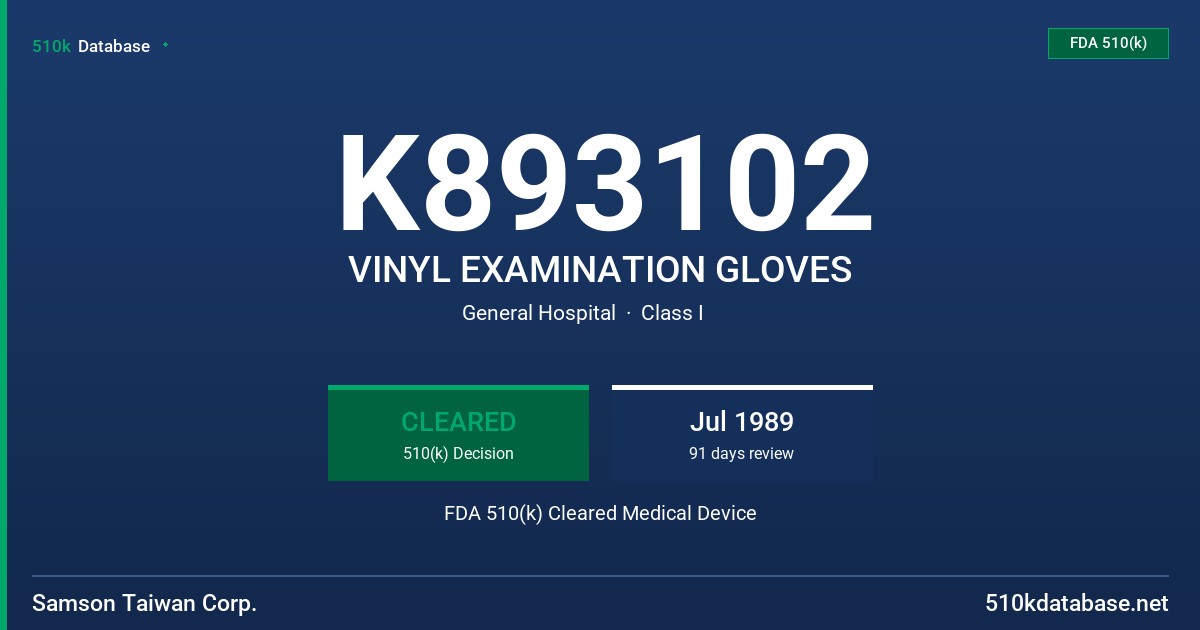 K893102 VINYL EXAMINATION GLOVES FDA 510(k) Cleared Medical Device