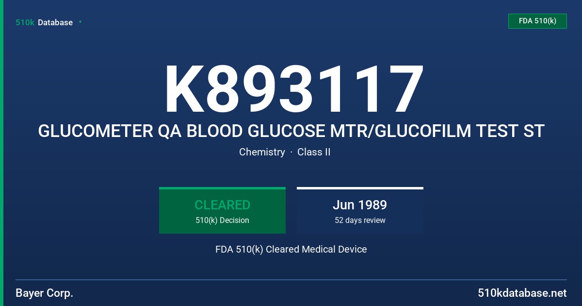 K893117 GLUCOMETER QA BLOOD GLUCOSE MTR/GLUCOFILM TEST ST FDA 510(k) Cleared Medical Device