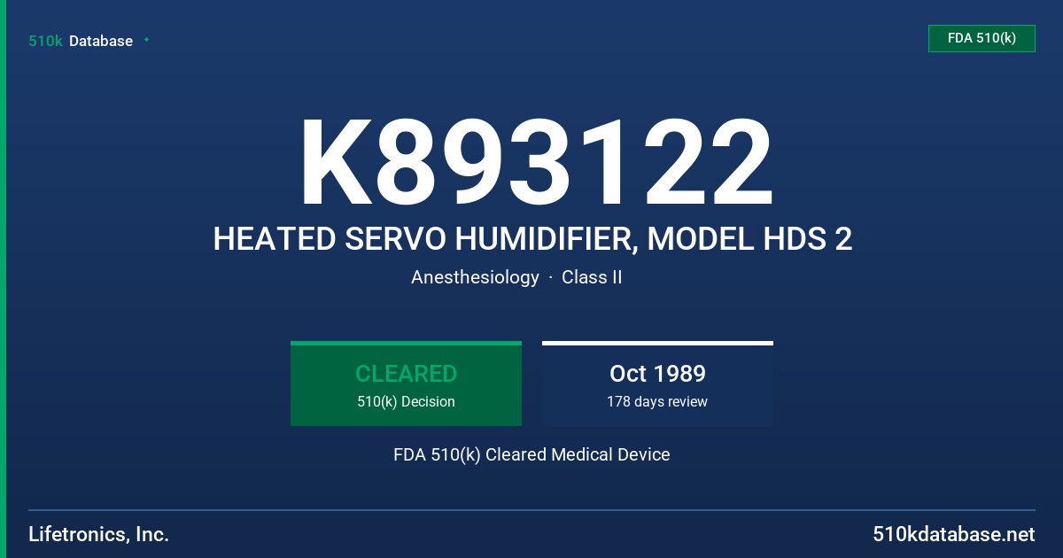 K893122 HEATED SERVO HUMIDIFIER, MODEL HDS 2 FDA 510(k) Cleared Medical Device