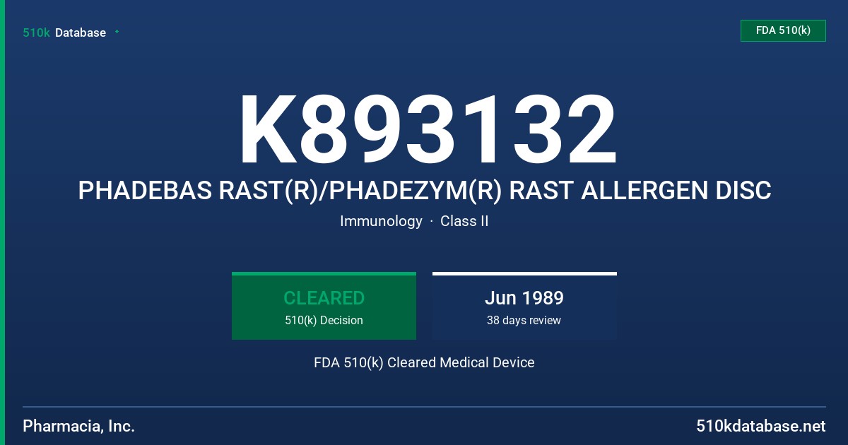 K893132 PHADEBAS RAST(R)/PHADEZYM(R) RAST ALLERGEN DISC FDA 510(k) Cleared Medical Device