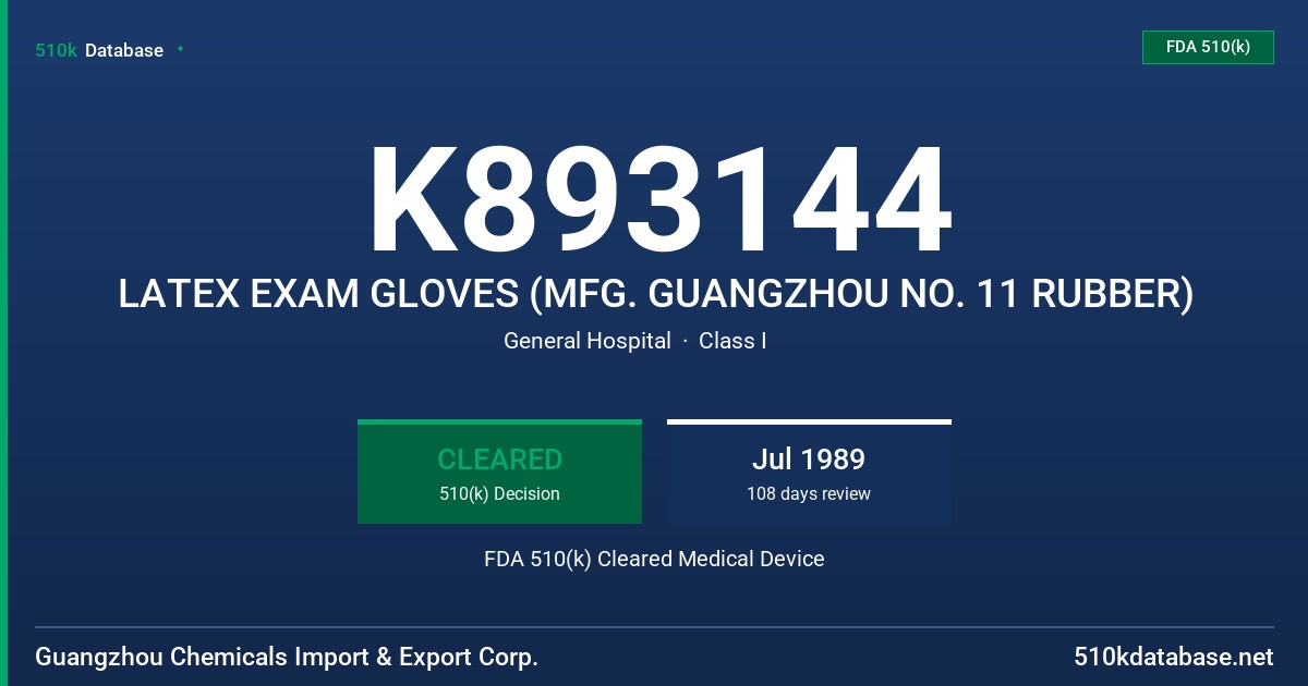K893144 LATEX EXAM GLOVES (MFG. GUANGZHOU NO. 11 RUBBER) FDA 510(k) Cleared Medical Device