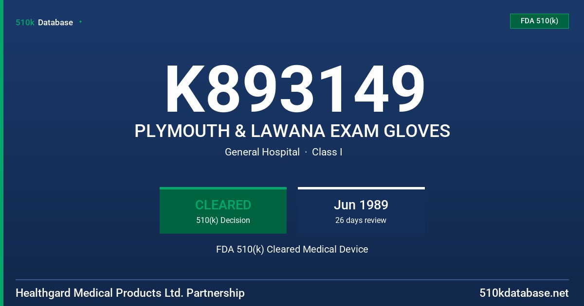 K893149 PLYMOUTH & LAWANA EXAM GLOVES FDA 510(k) Cleared Medical Device