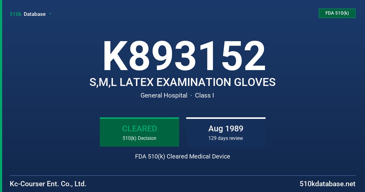 K893152 S,M,L LATEX EXAMINATION GLOVES FDA 510(k) Cleared Medical Device
