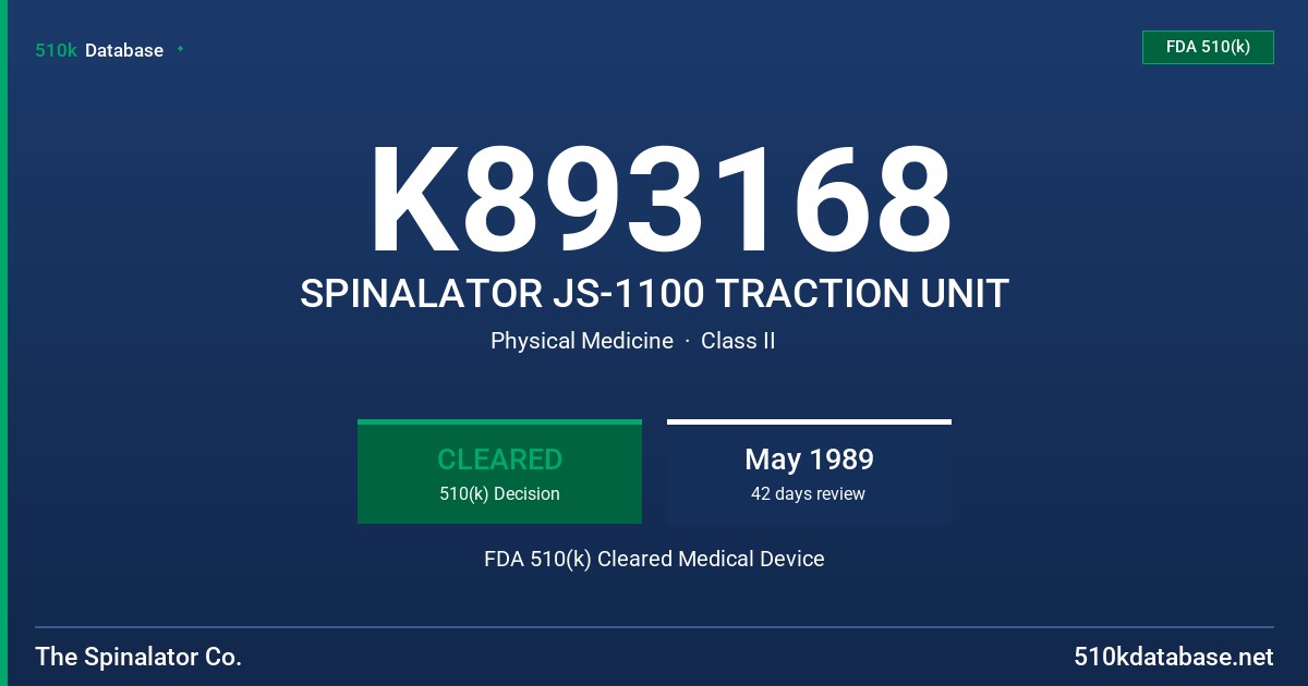K893168 SPINALATOR JS-1100 TRACTION UNIT FDA 510(k) Cleared Medical Device