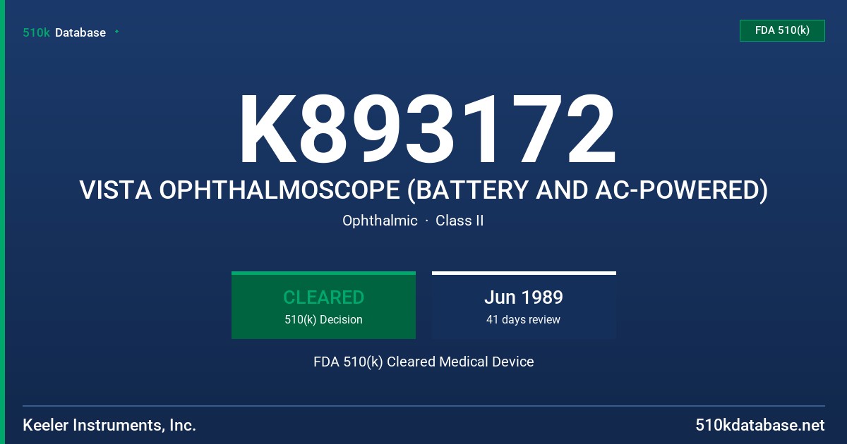 K893172 VISTA OPHTHALMOSCOPE (BATTERY AND AC-POWERED) FDA 510(k) Cleared Medical Device