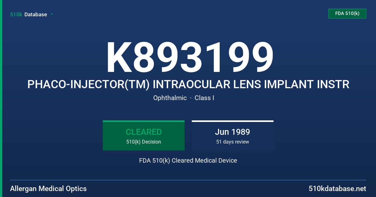 K893199 PHACO-INJECTOR(TM) INTRAOCULAR LENS IMPLANT INSTR FDA 510(k) Cleared Medical Device