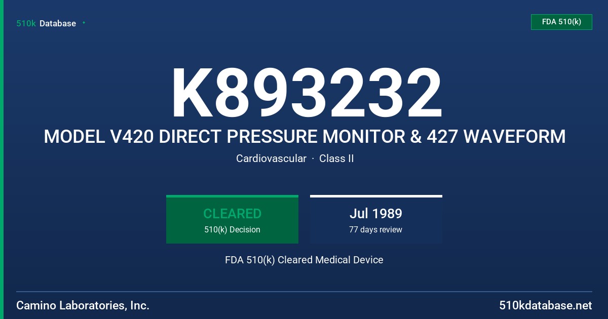 K893232 MODEL V420 DIRECT PRESSURE MONITOR & 427 WAVEFORM FDA 510(k) Cleared Medical Device