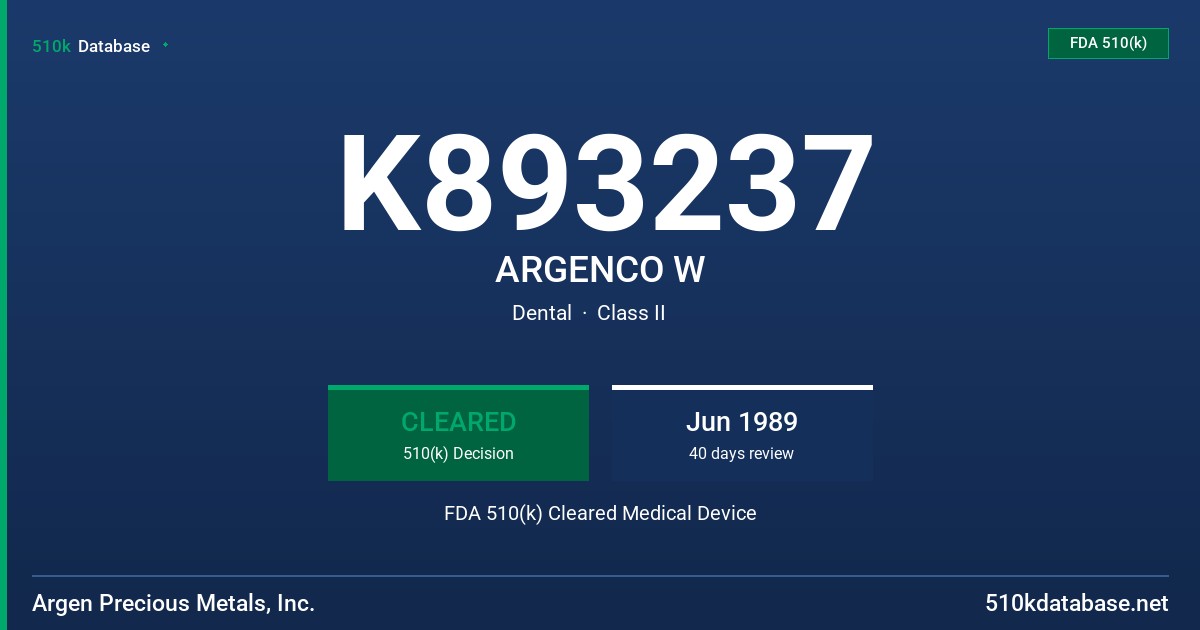 K893237 ARGENCO W FDA 510(k) Cleared Medical Device