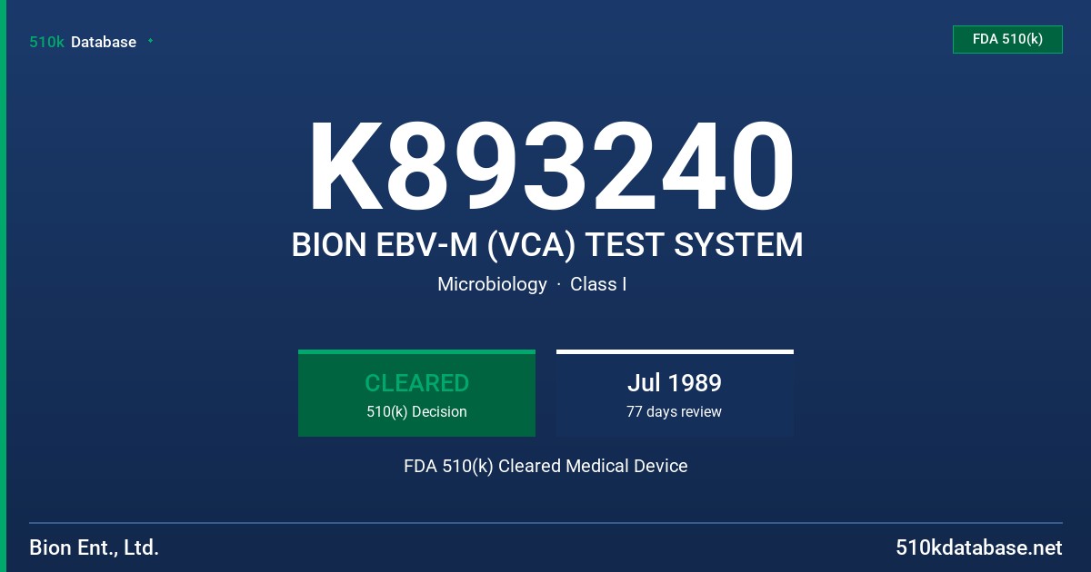 K893240 BION EBV-M (VCA) TEST SYSTEM FDA 510(k) Cleared Medical Device