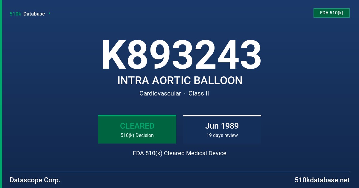 K893243 INTRA AORTIC BALLOON FDA 510(k) Cleared Medical Device
