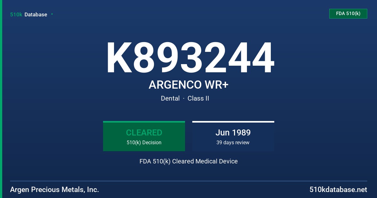 K893244 ARGENCO WR+ FDA 510(k) Cleared Medical Device