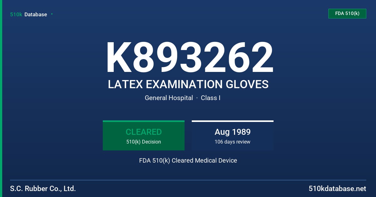 K893262 LATEX EXAMINATION GLOVES FDA 510(k) Cleared Medical Device