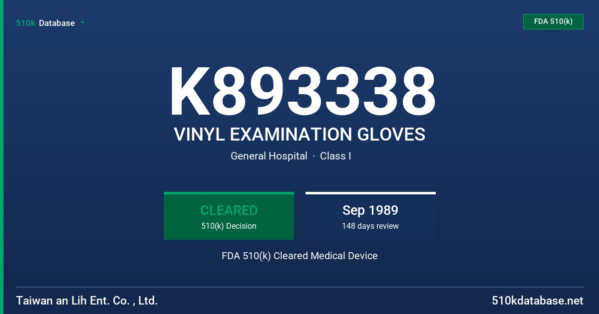 K893338 VINYL EXAMINATION GLOVES FDA 510(k) Cleared Medical Device