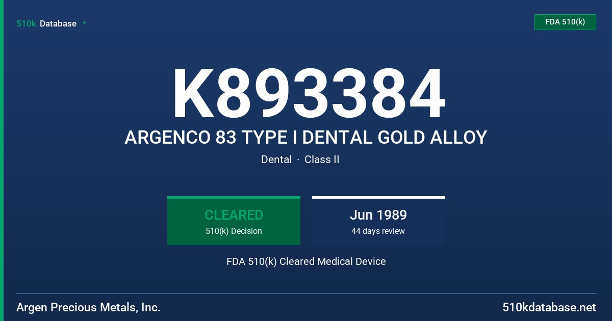 K893384 ARGENCO 83 TYPE I DENTAL GOLD ALLOY FDA 510(k) Cleared Medical Device