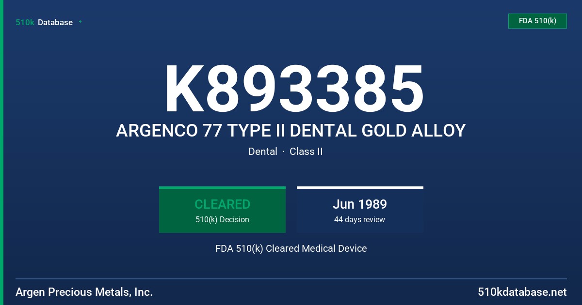K893385 ARGENCO 77 TYPE II DENTAL GOLD ALLOY FDA 510(k) Cleared Medical Device