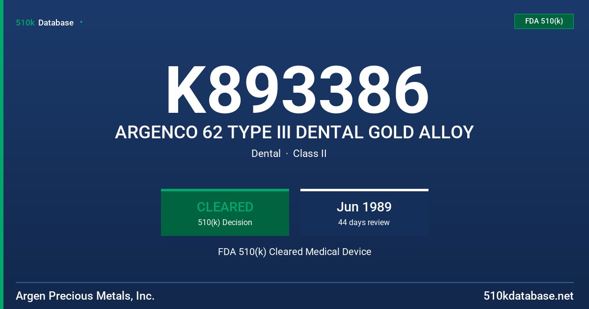 K893386 ARGENCO 62 TYPE III DENTAL GOLD ALLOY FDA 510(k) Cleared Medical Device