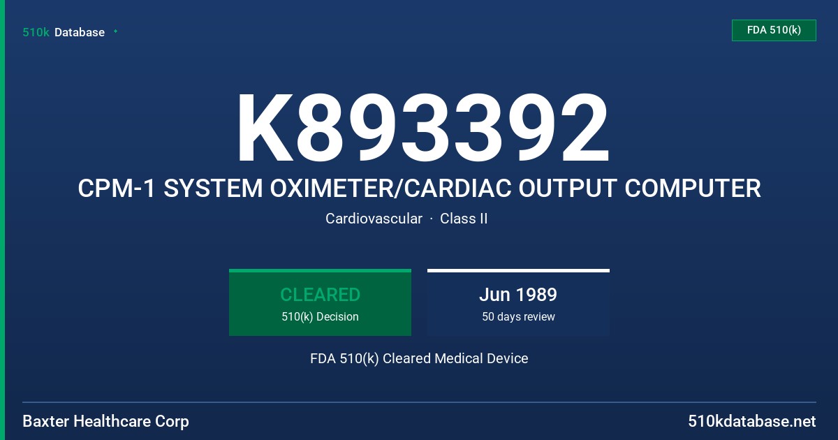 K893392 CPM-1 SYSTEM OXIMETER/CARDIAC OUTPUT COMPUTER FDA 510(k) Cleared Medical Device