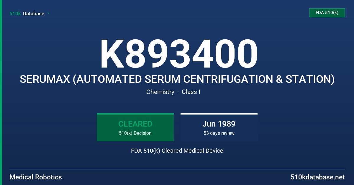 K893400 SERUMAX (AUTOMATED SERUM CENTRIFUGATION & STATION) FDA 510(k) Cleared Medical Device