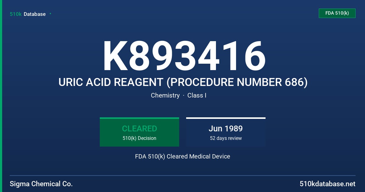 K893416 URIC ACID REAGENT (PROCEDURE NUMBER 686) FDA 510(k) Cleared Medical Device