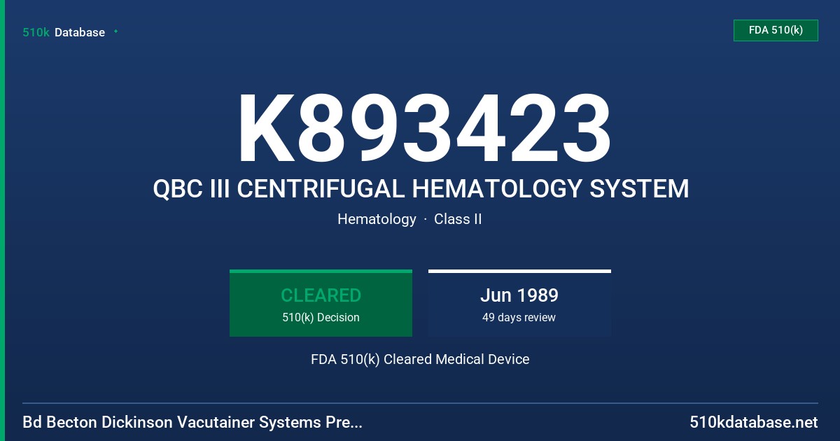 K893423 QBC III CENTRIFUGAL HEMATOLOGY SYSTEM FDA 510(k) Cleared Medical Device