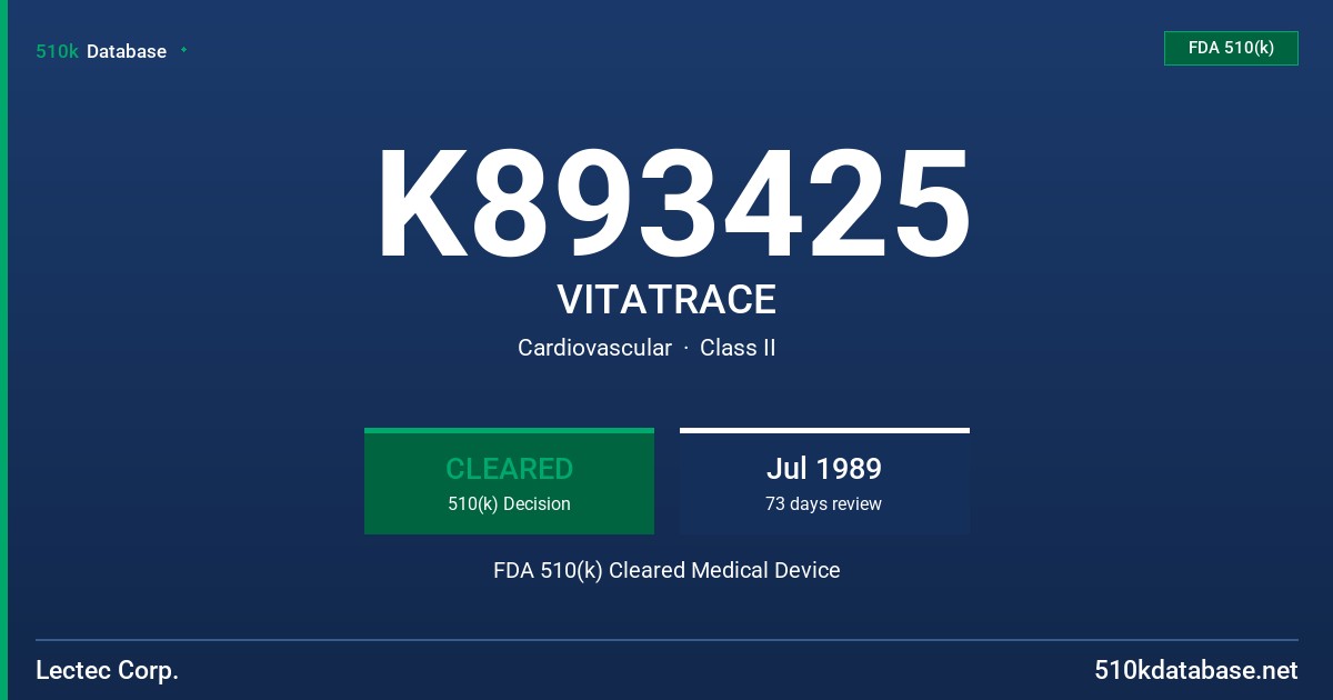 K893425 VITATRACE FDA 510(k) Cleared Medical Device
