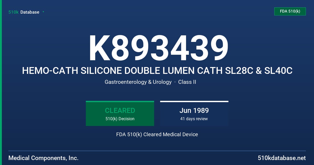 K893439 HEMO-CATH SILICONE DOUBLE LUMEN CATH SL28C & SL40C FDA 510(k) Cleared Medical Device