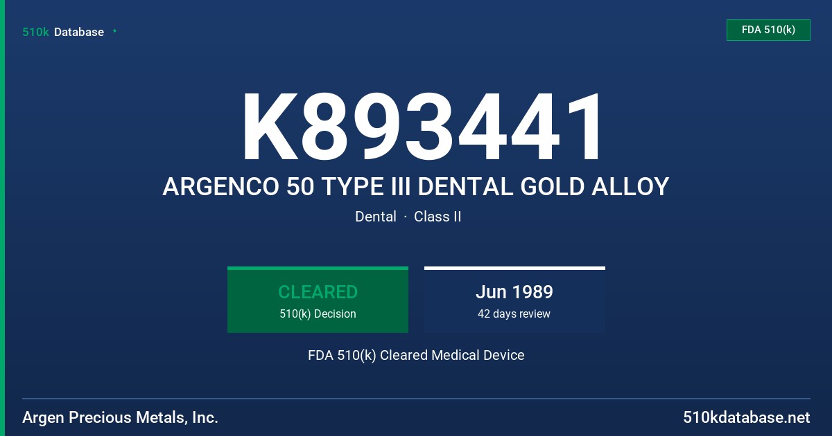 K893441 ARGENCO 50 TYPE III DENTAL GOLD ALLOY FDA 510(k) Cleared Medical Device