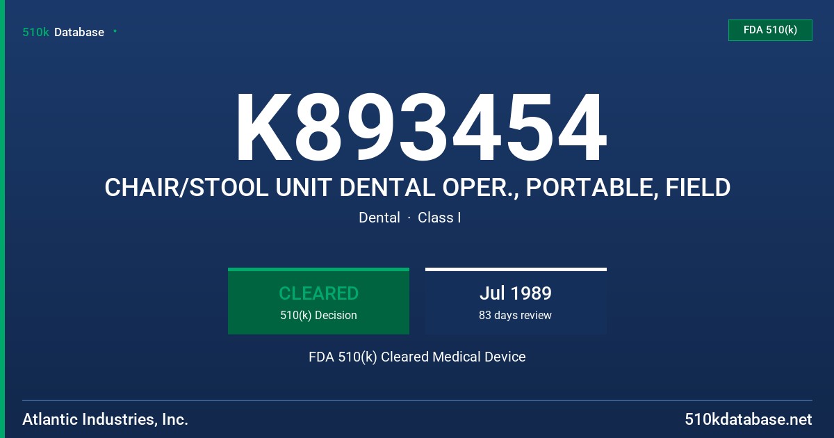 K893454 CHAIR/STOOL UNIT DENTAL OPER., PORTABLE, FIELD FDA 510(k) Cleared Medical Device