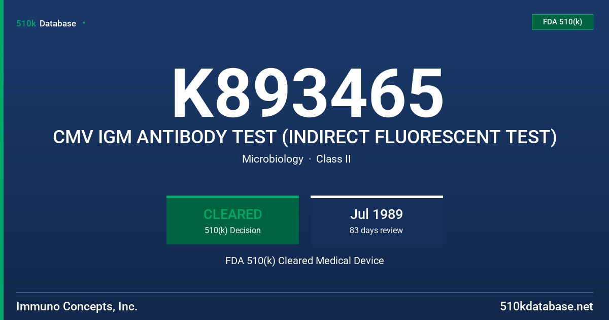 K893465 CMV IGM ANTIBODY TEST (INDIRECT FLUORESCENT TEST) FDA 510(k) Cleared Medical Device