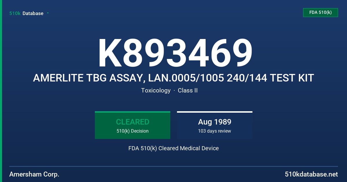 K893469 AMERLITE TBG ASSAY, LAN.0005/1005 240/144 TEST KIT FDA 510(k) Cleared Medical Device