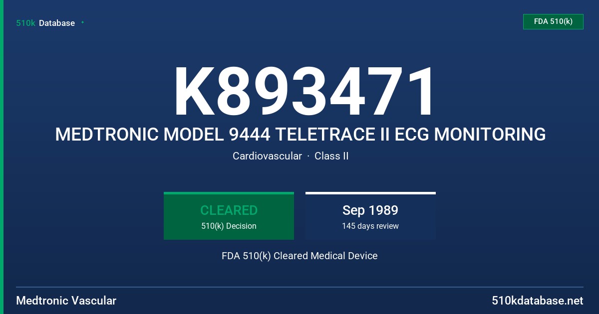 K893471 MEDTRONIC MODEL 9444 TELETRACE II ECG MONITORING FDA 510(k) Cleared Medical Device