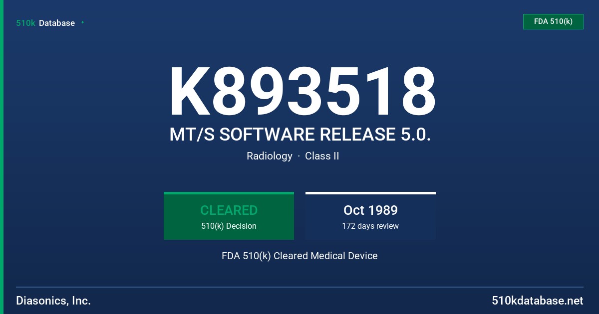 K893518 MT/S SOFTWARE RELEASE 5.0. FDA 510(k) Cleared Medical Device