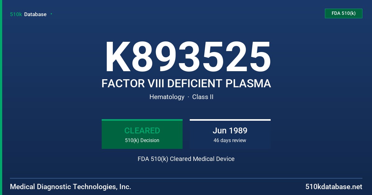 K893525 FACTOR VIII DEFICIENT PLASMA FDA 510(k) Cleared Medical Device