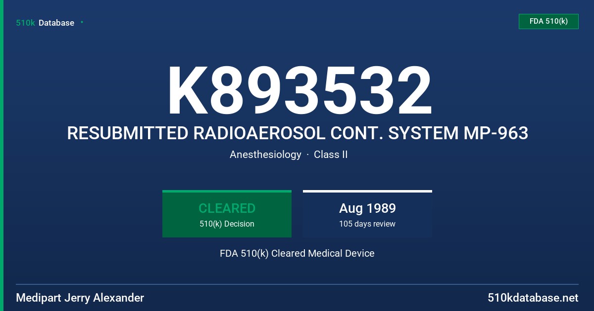 K893532 RESUBMITTED RADIOAEROSOL CONT. SYSTEM MP-963 FDA 510(k) Cleared Medical Device