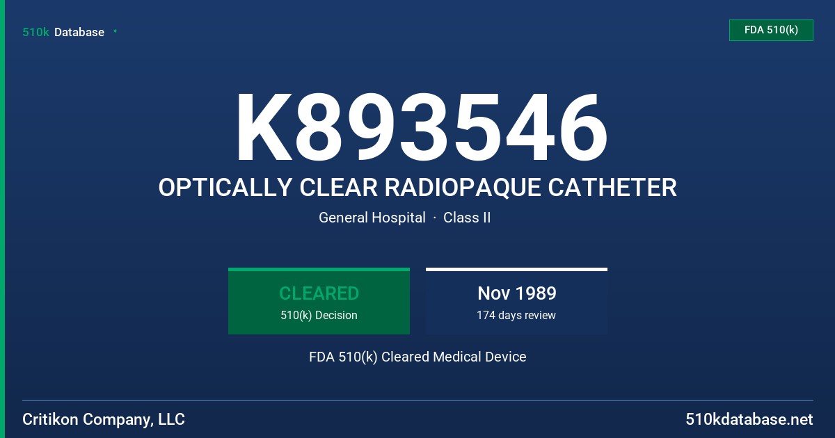 K893546 OPTICALLY CLEAR RADIOPAQUE CATHETER FDA 510(k) Cleared Medical Device