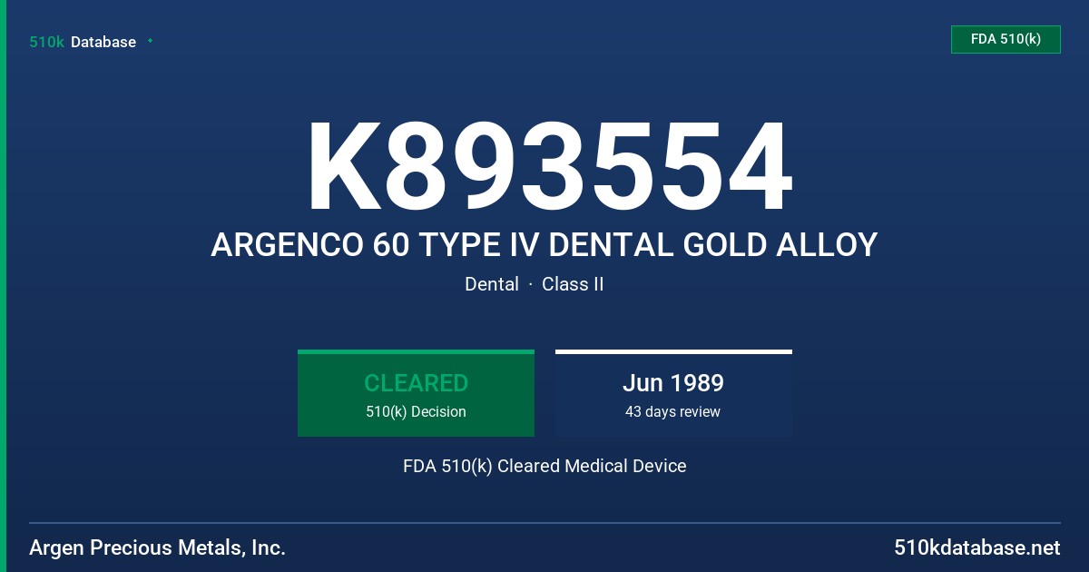 K893554 ARGENCO 60 TYPE IV DENTAL GOLD ALLOY FDA 510(k) Cleared Medical Device