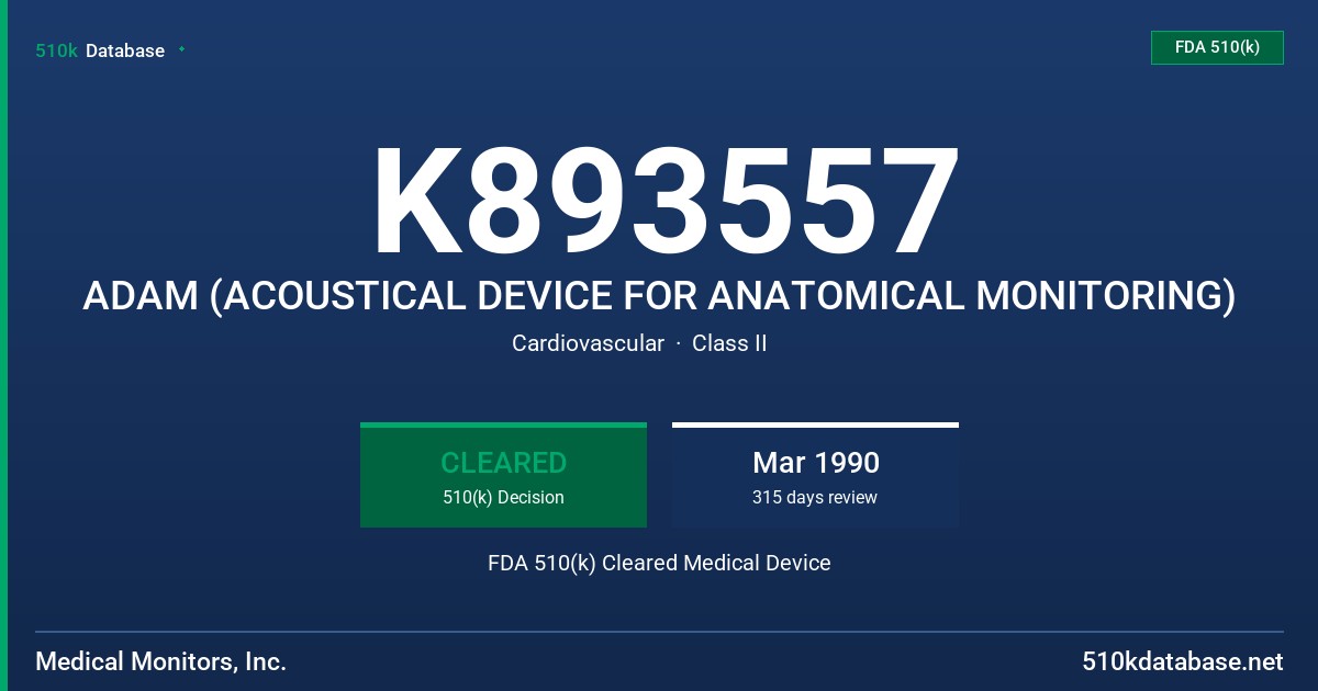 K893557 ADAM (ACOUSTICAL DEVICE FOR ANATOMICAL MONITORING) FDA 510(k) Cleared Medical Device