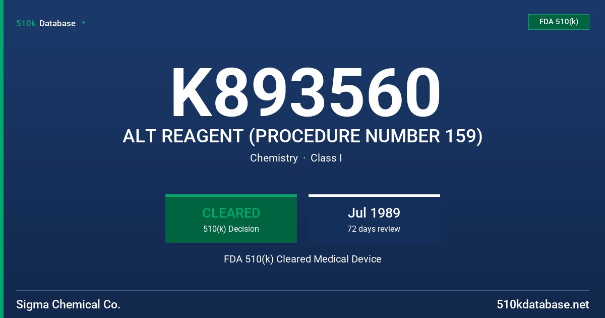 K893560 ALT REAGENT (PROCEDURE NUMBER 159) FDA 510(k) Cleared Medical Device