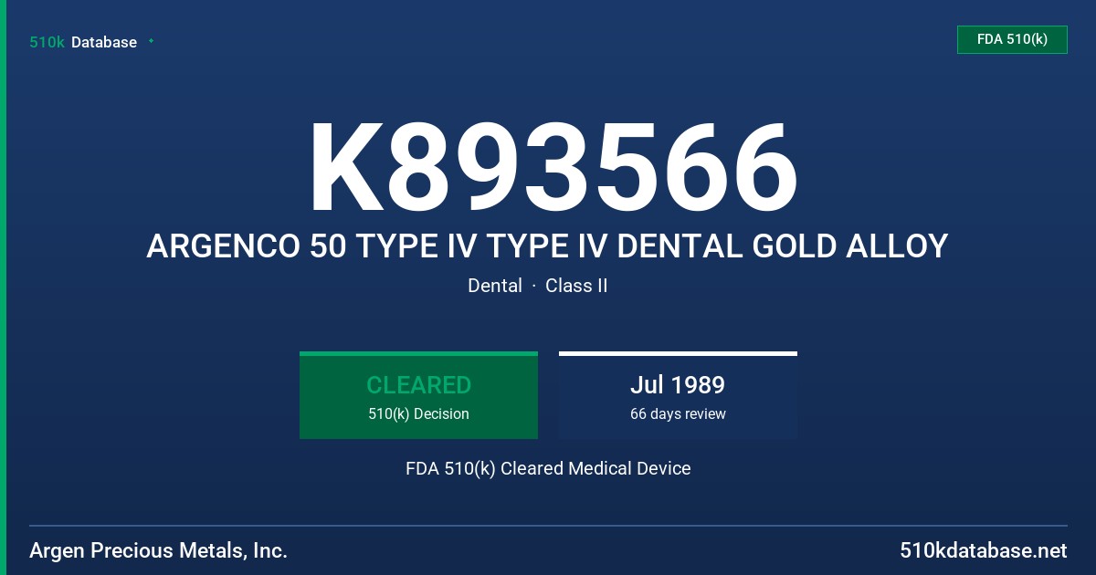 K893566 ARGENCO 50 TYPE IV TYPE IV DENTAL GOLD ALLOY FDA 510(k) Cleared Medical Device