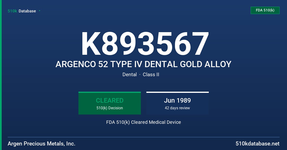 K893567 ARGENCO 52 TYPE IV DENTAL GOLD ALLOY FDA 510(k) Cleared Medical Device