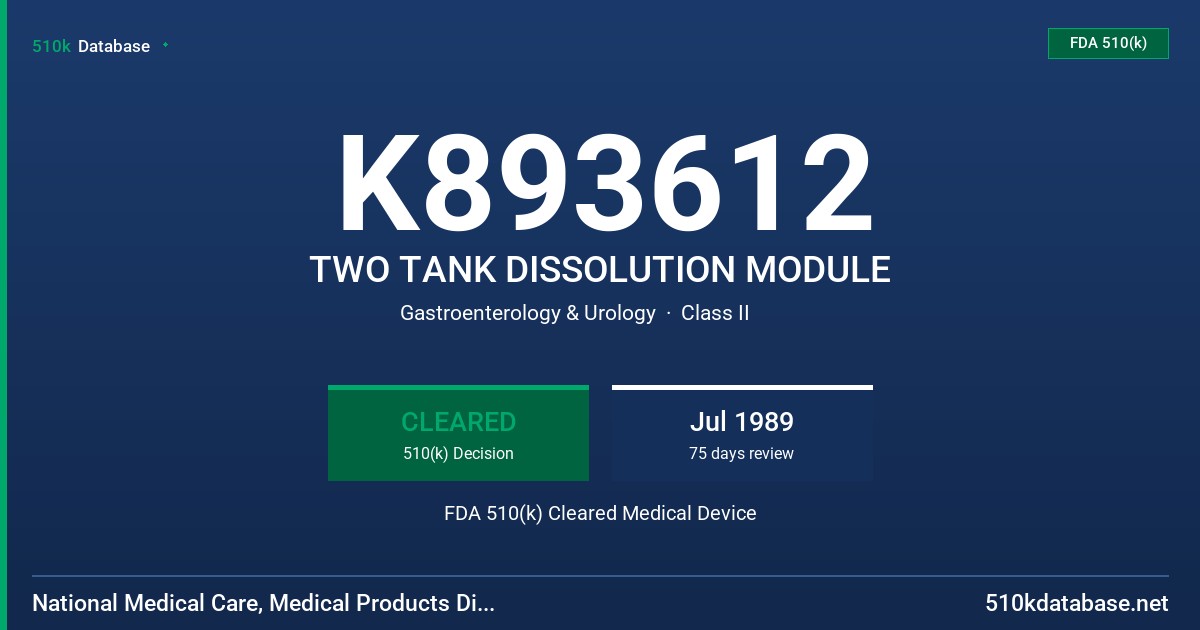 K893612 TWO TANK DISSOLUTION MODULE FDA 510(k) Cleared Medical Device