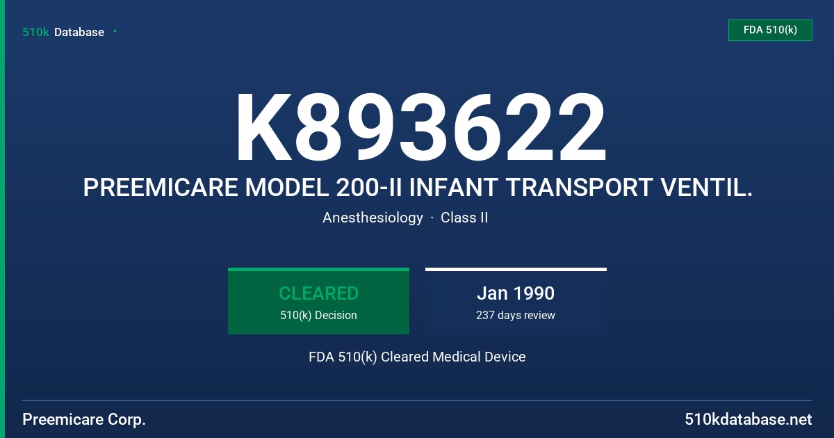 K893622 PREEMICARE MODEL 200-II INFANT TRANSPORT VENTIL. FDA 510(k) Cleared Medical Device