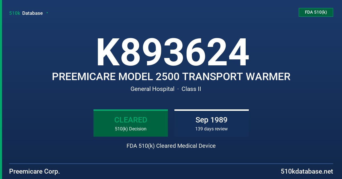 K893624 PREEMICARE MODEL 2500 TRANSPORT WARMER FDA 510(k) Cleared Medical Device