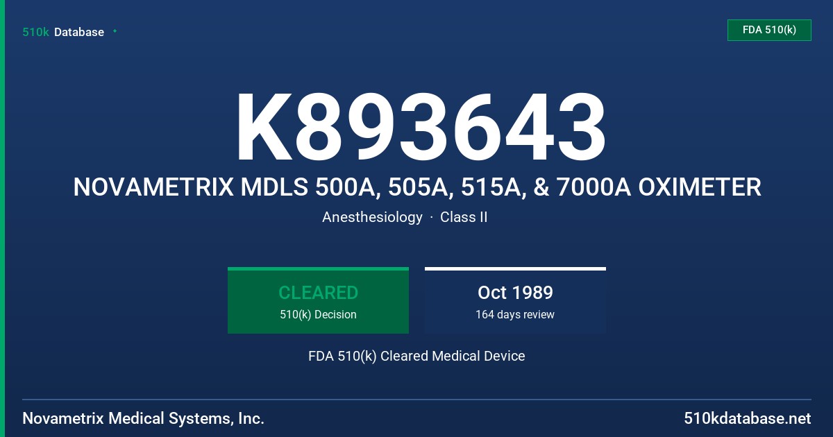 K893643 NOVAMETRIX MDLS 500A, 505A, 515A, & 7000A OXIMETER FDA 510(k) Cleared Medical Device